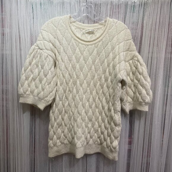 Anthropologie Find Me Now Puff Sleeve Quilted Sweater Ivory Size Large - Picture 1 of 16
